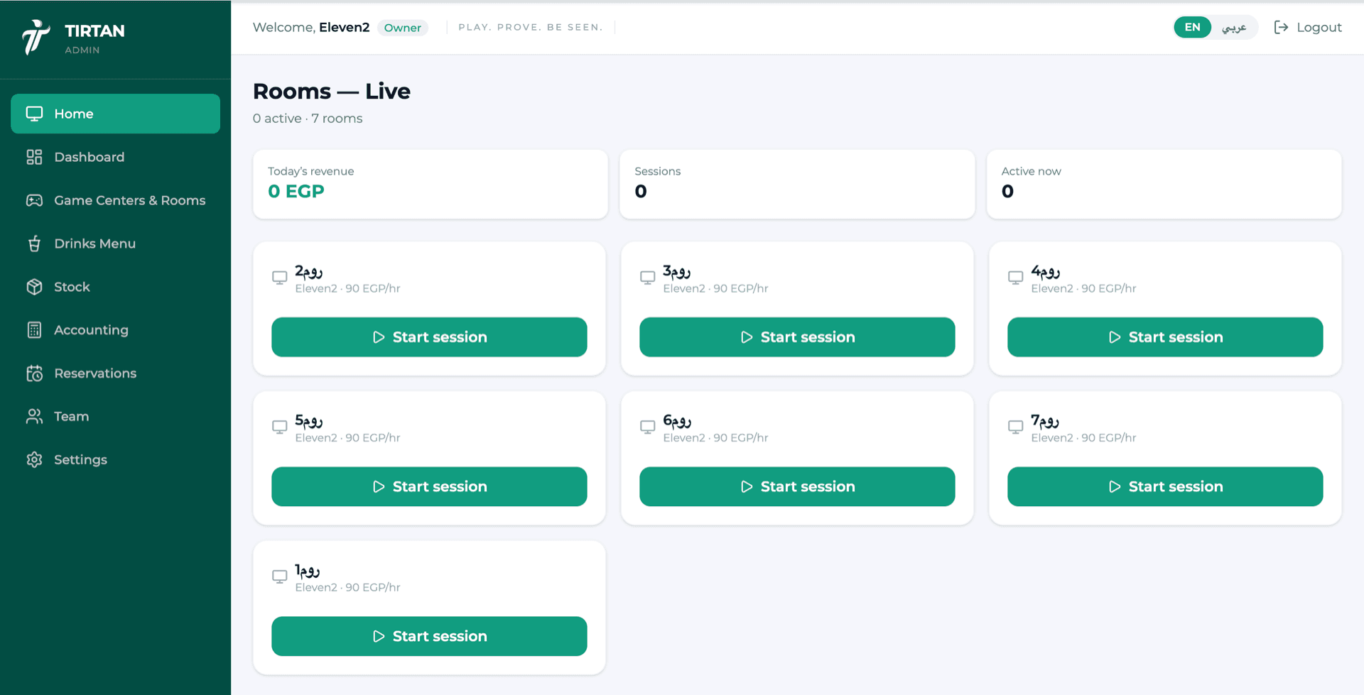 Tirtan game center owner admin — live rooms with per-hour rates and start-session controls, today's revenue and active sessions
