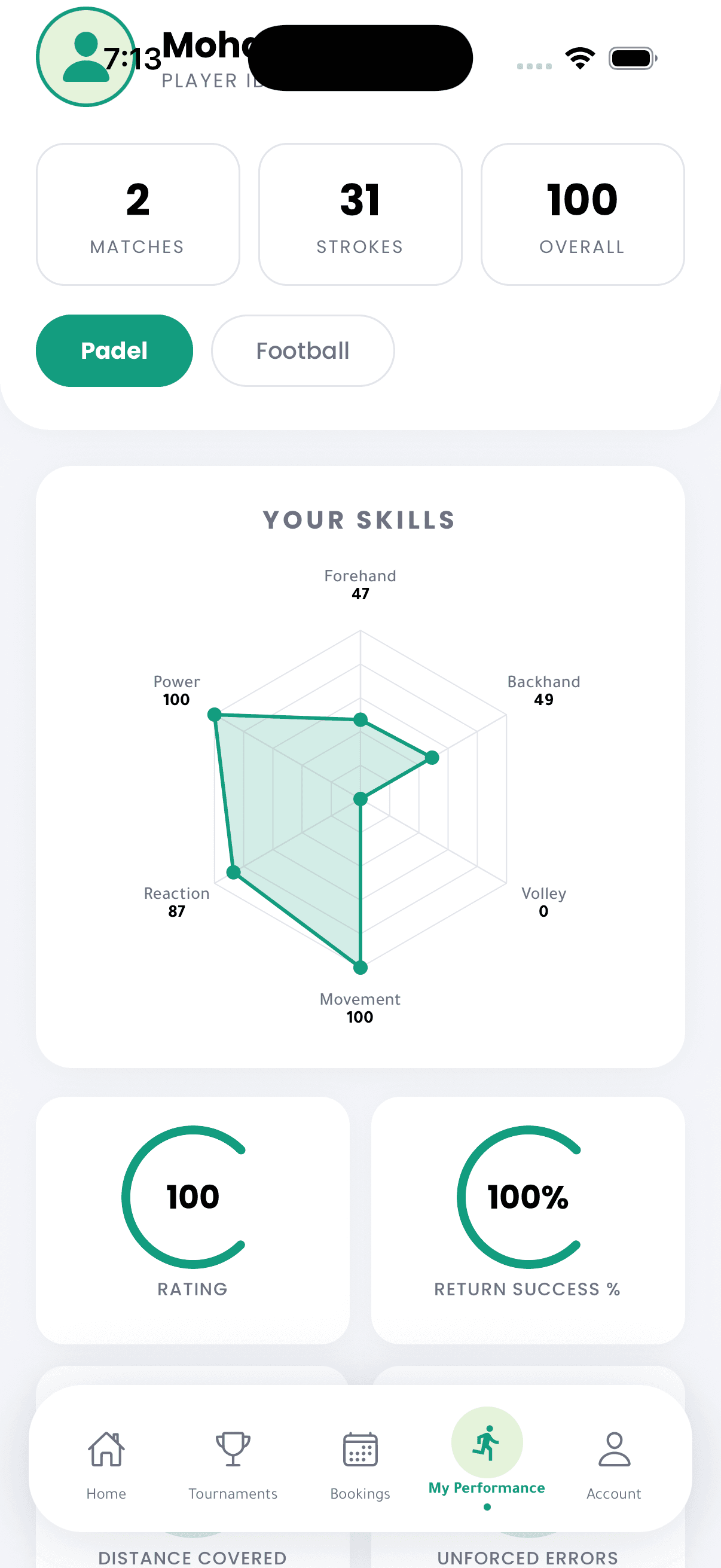 Padel Performance Tab — skill radar with Forehand 47, Backhand 49, Power 100, Movement 100, Reaction 87